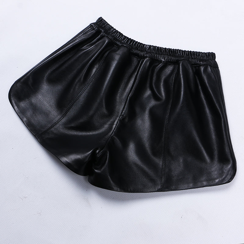 Leather A-line Elastic High Waist Loose Slim Wide Leg Shorts