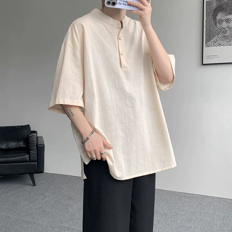 Cotton and Linen Henley Collar Loose T-Shirt