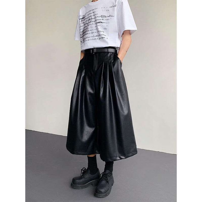 PU Leather Pleated Loose Wide-leg Cropped Trousers