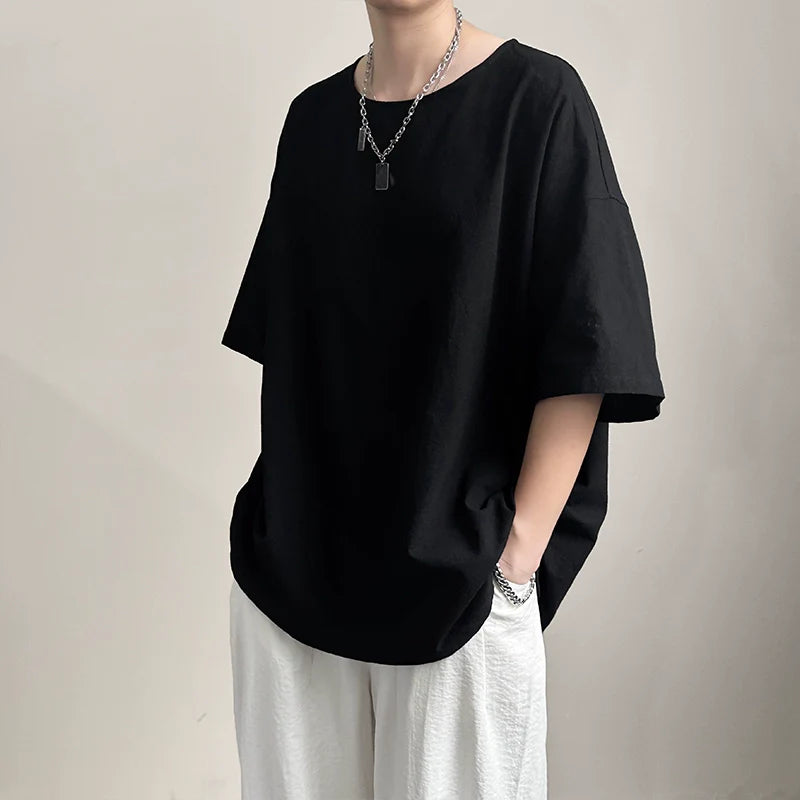 Japanese Loose Large Collar Cotton and Linen T-shirt