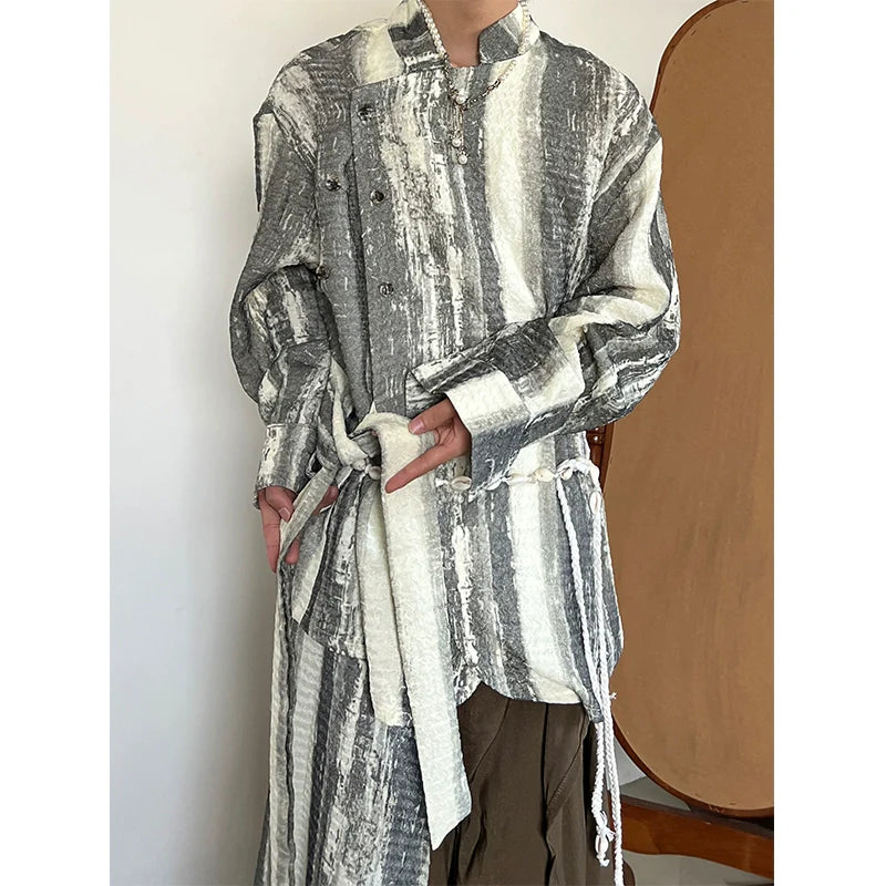 Vintage Tie-dye Ribbon Stand Collar Pleated Shirt