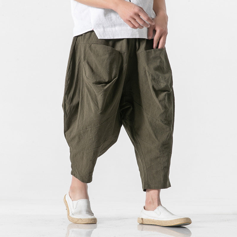 Cotton and Linen Cuffed Wide Leg Harem Pants