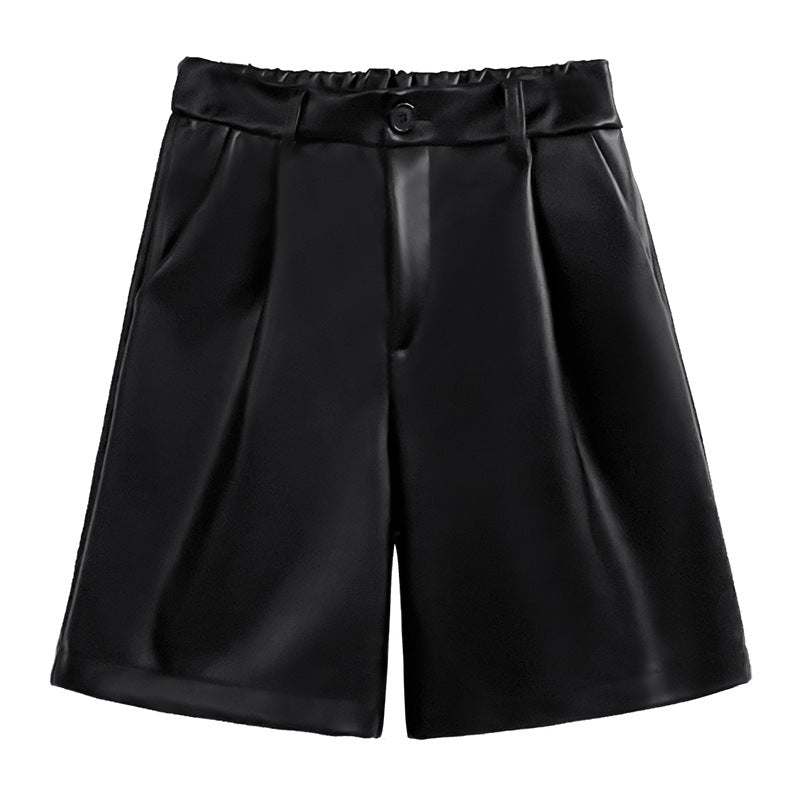 PU Leather Pants Elastic Waist Loose Straight Wide Leg Shorts