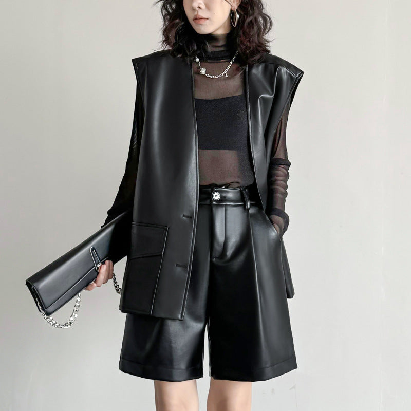 PU Leather Pants Elastic Waist Loose Straight Wide Leg Shorts