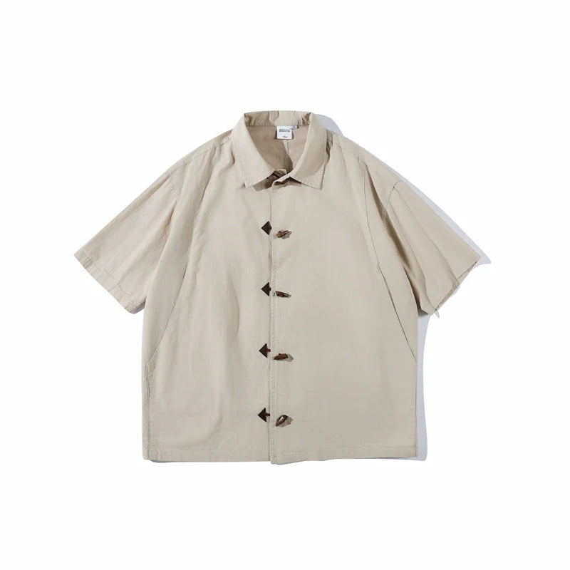 Cotton Japanese Retro Wooden Horn Button Shirt