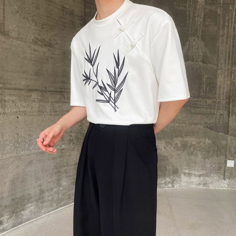 Embroidered Buttoned Casual Loose T-shirt