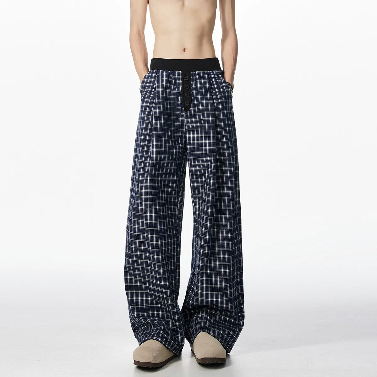 American Loose Wide-leg Patchwork Plaid Pants