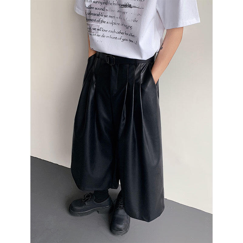 PU Leather Pleated Loose Wide-leg Cropped Trousers