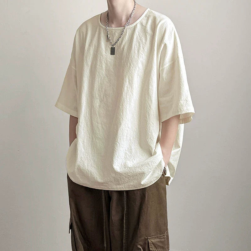 Japanese Loose Large Collar Cotton and Linen T-shirt
