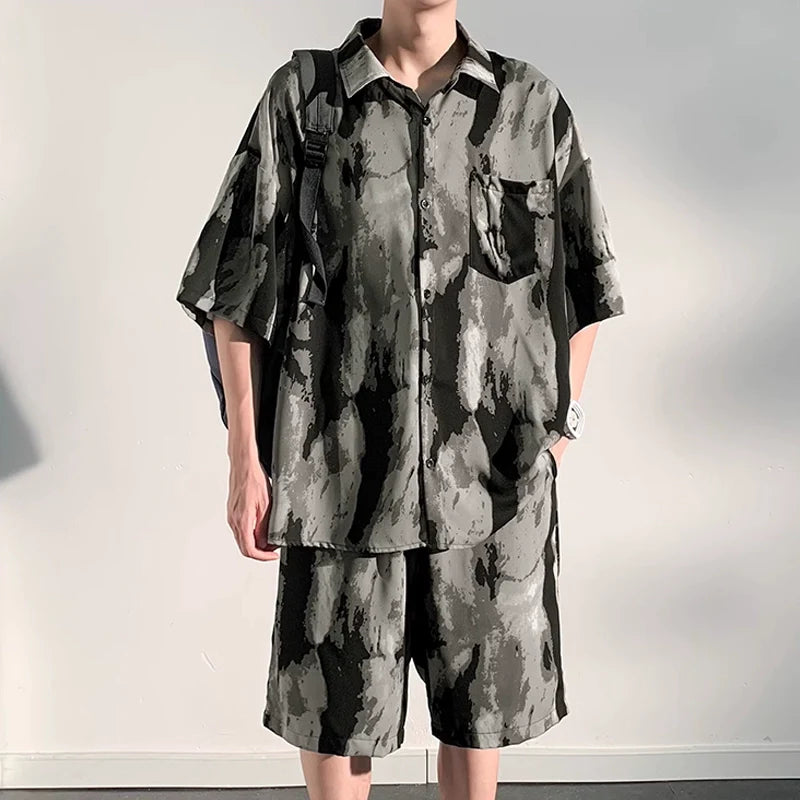 Summer Thin Ice Silk Drape Casual Shirt Loose Shorts Two-piece Set