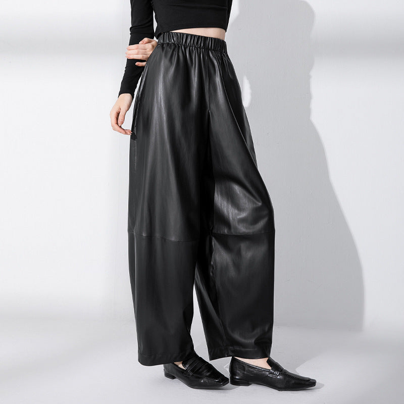 Simple Black Matte Loose Spliced PU Leather Casual Pants