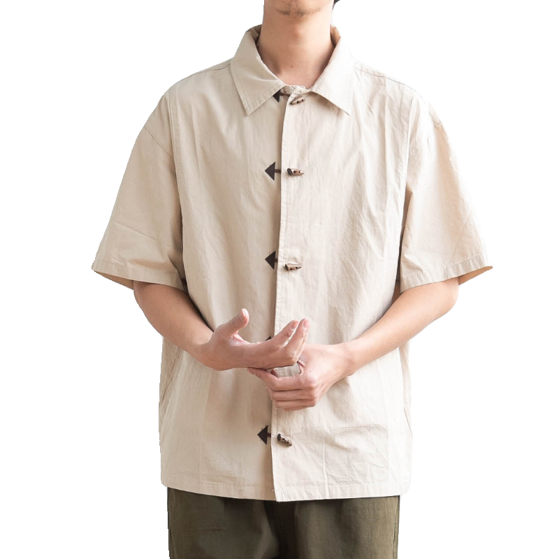 Cotton Japanese Retro Wooden Horn Button Shirt