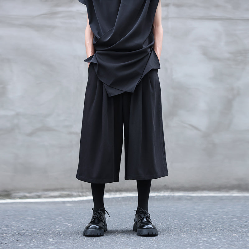 Drawstring Elastic Waist Pleated Solid Culottes