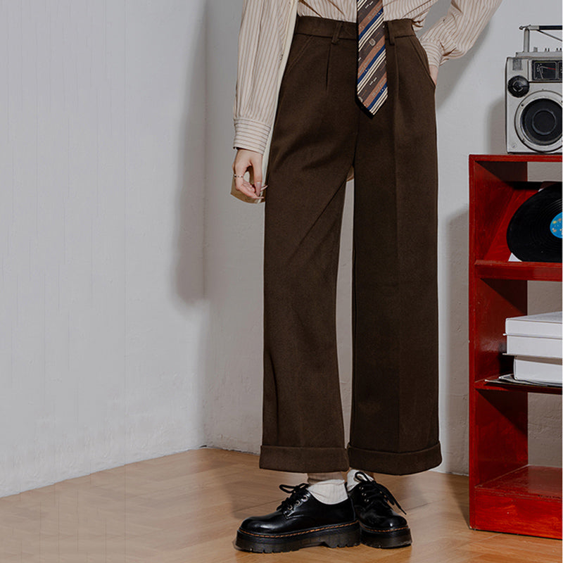 Vintage Rolled Hem Fur High Waist Straight Pants