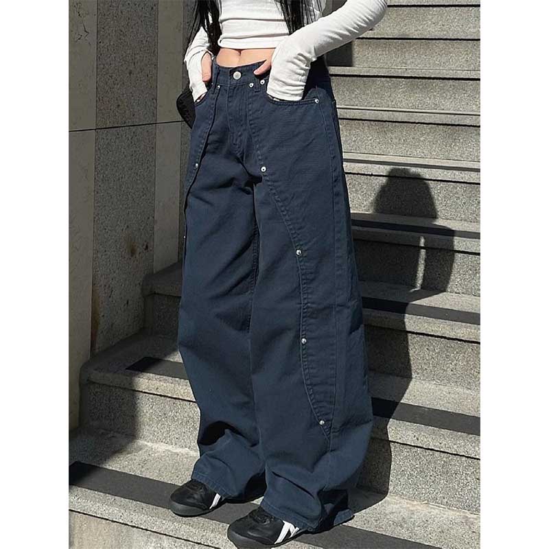 Vintage Rivet Stitching Denim Loose Straight Wide-leg Pants