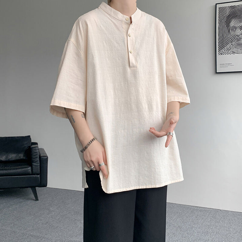 Cotton and Linen Henley Collar Loose T-Shirt