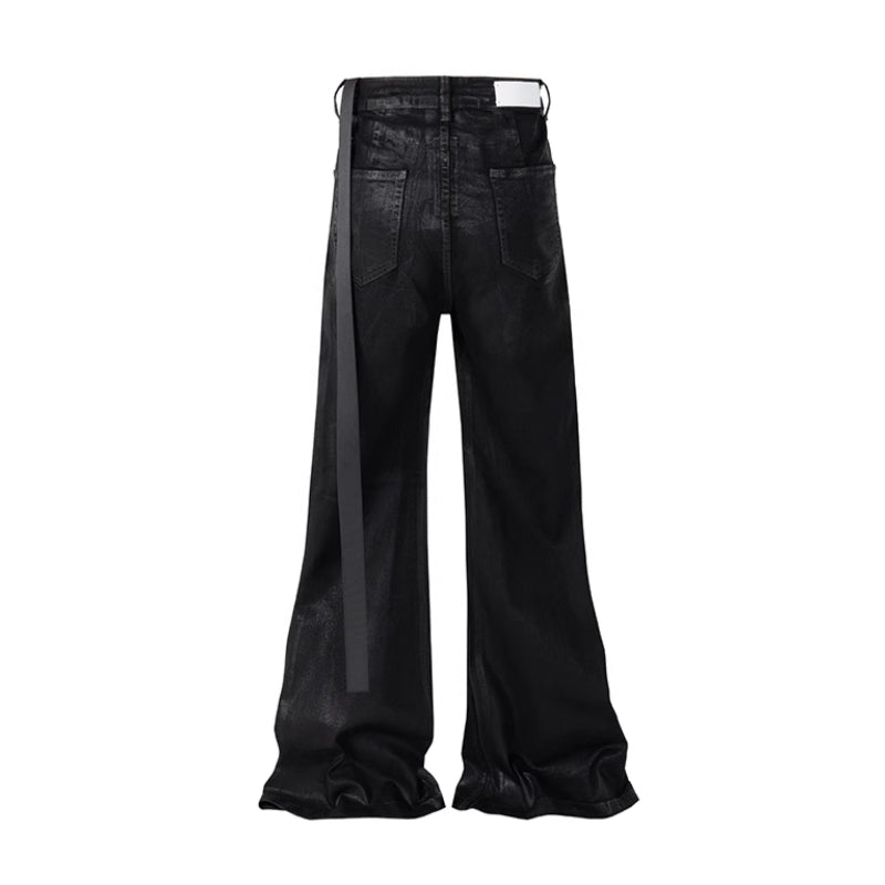Dark Waxed Coated Ribbon Slightly Flared Mopping Stacked Denim Trousers