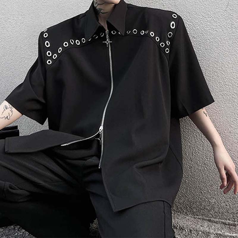 Double Zipper Shoulder Pads Short Sleeve Shirt