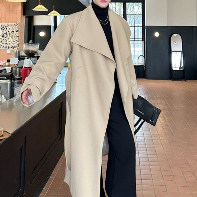 Large Lapel Belted Mid-Length Coat