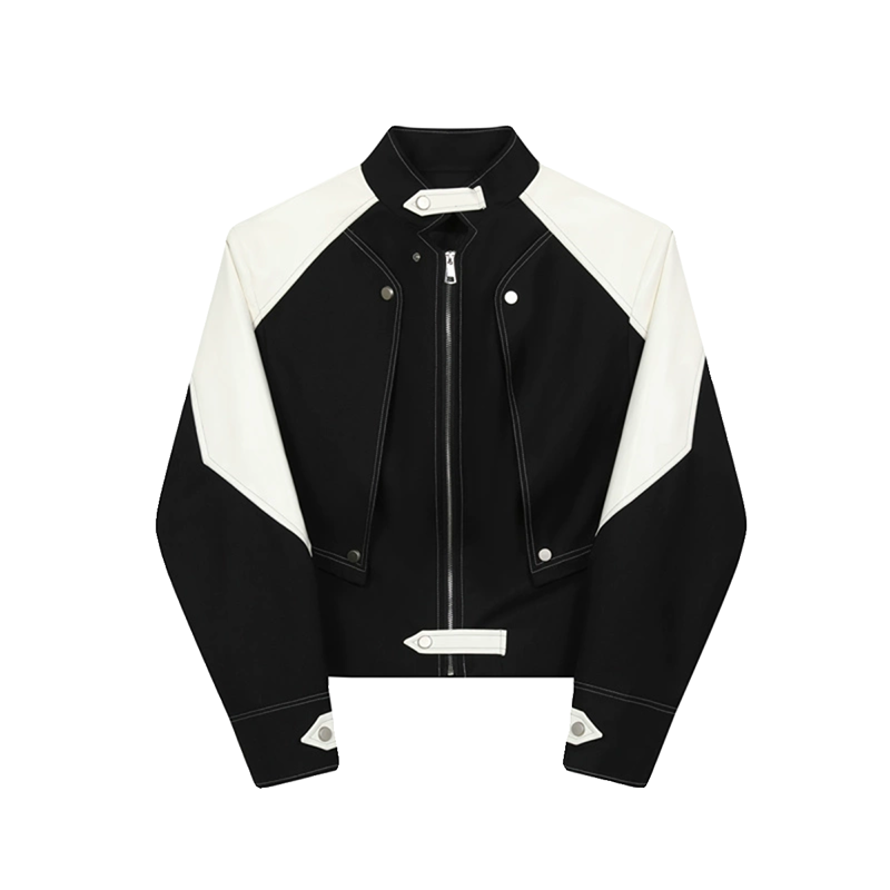 Black and White Contrast Structured Stand Collar Cropped Jacket