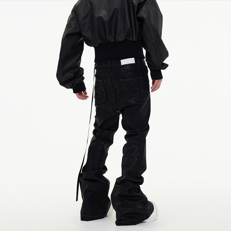 Dark Waxed Coated Ribbon Slightly Flared Mopping Stacked Denim Trousers
