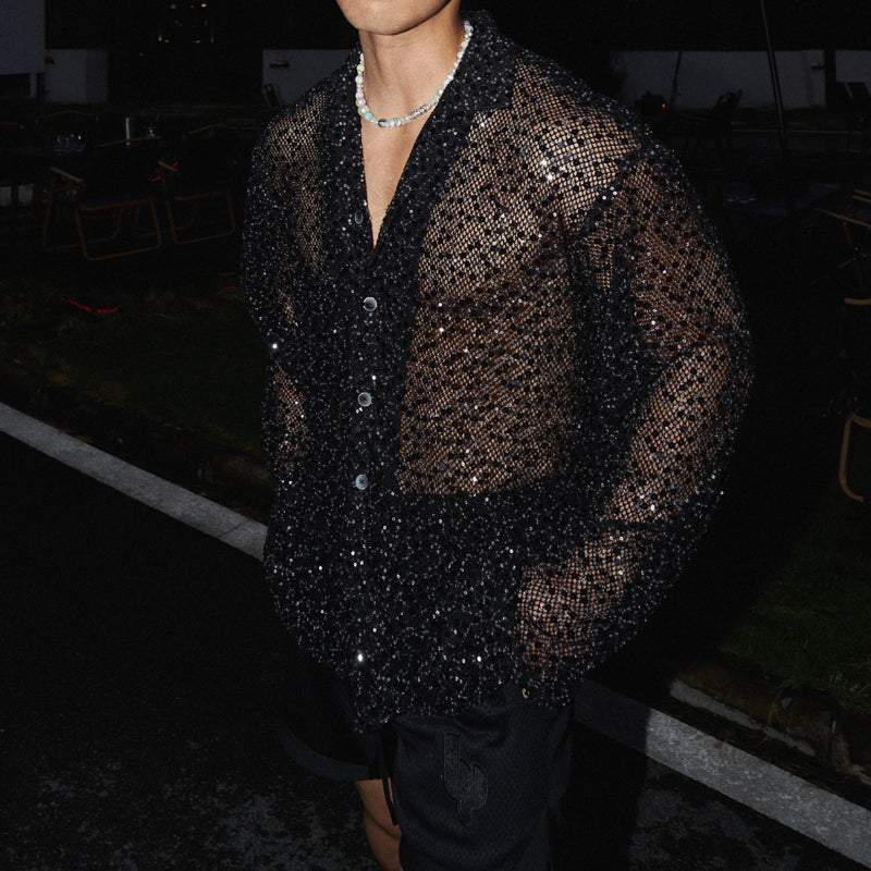 Shiny Silver Sequined Hollow Long Sleeve Shirt