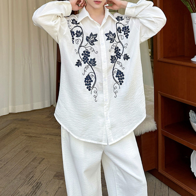 Embroidery Cotton and Linen Shirt Outline Casual Pants Two-piece Set