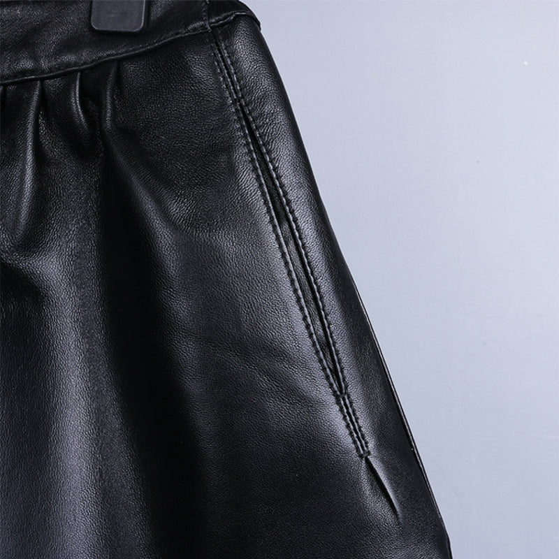 Leather A-line Elastic High Waist Loose Slim Wide Leg Shorts