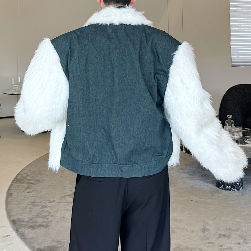 Retro Silhouette Faux Fur Washed Denim Patchwork Cotton Coat