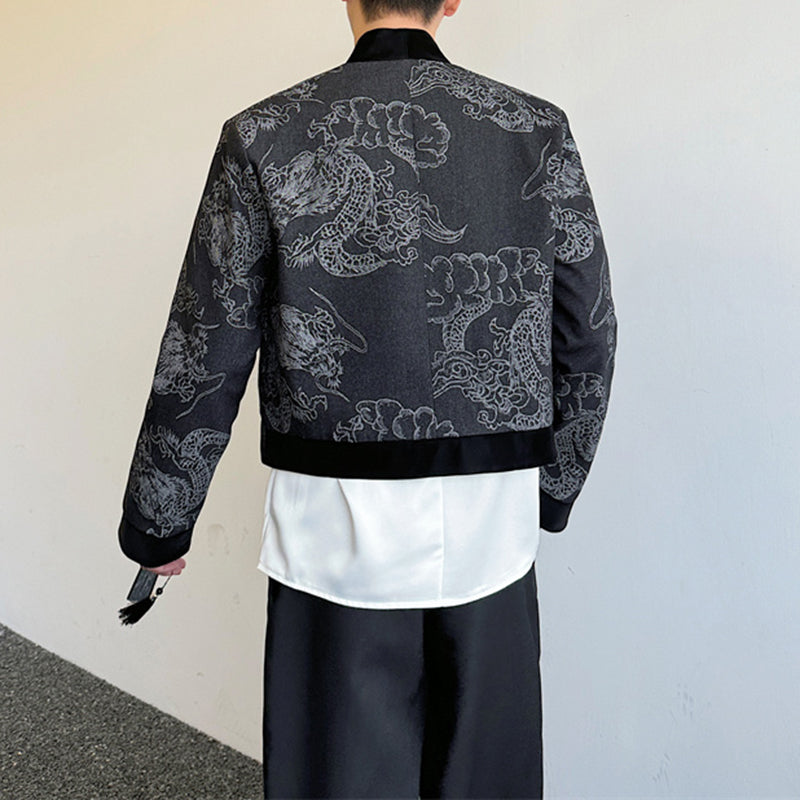 Vintage Jacquard Patchwork Dragon Pattern Denim Jacket