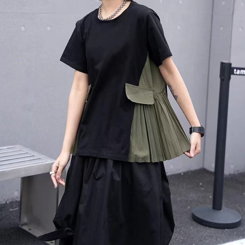 Fake Pocket Pleated Patchwork Loose T-shirt