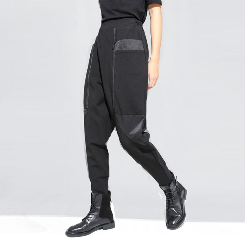 Thick Fleece Stitching Zipper Pocket Harem Pants