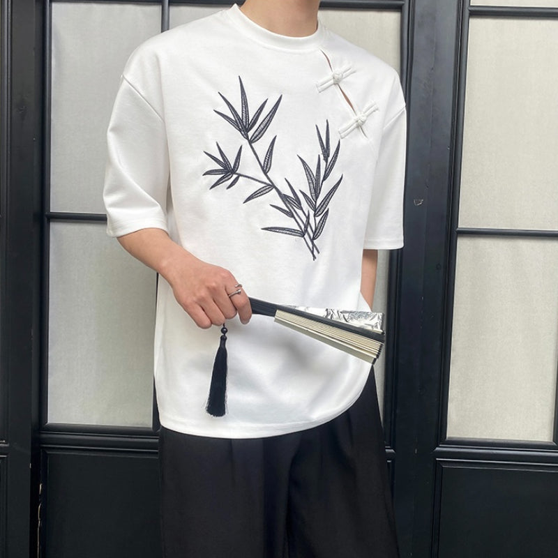 Embroidered Buttoned Casual Loose T-shirt