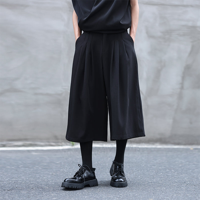 Drawstring Elastic Waist Pleated Solid Culottes