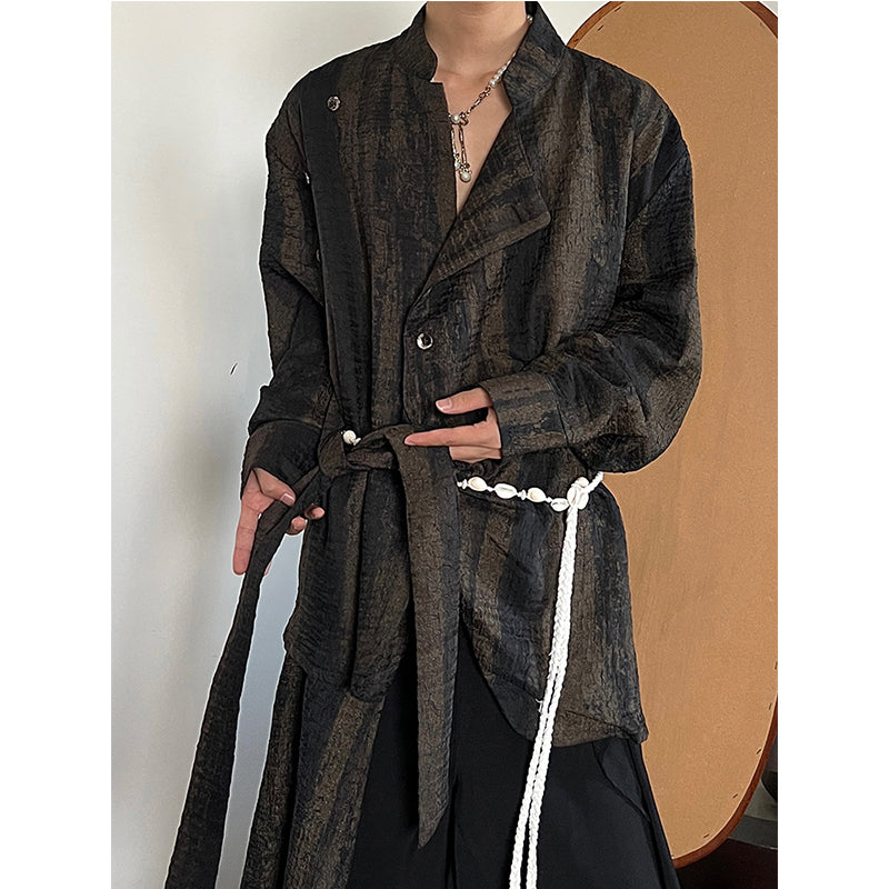 Vintage Tie-dye Ribbon Stand Collar Pleated Shirt