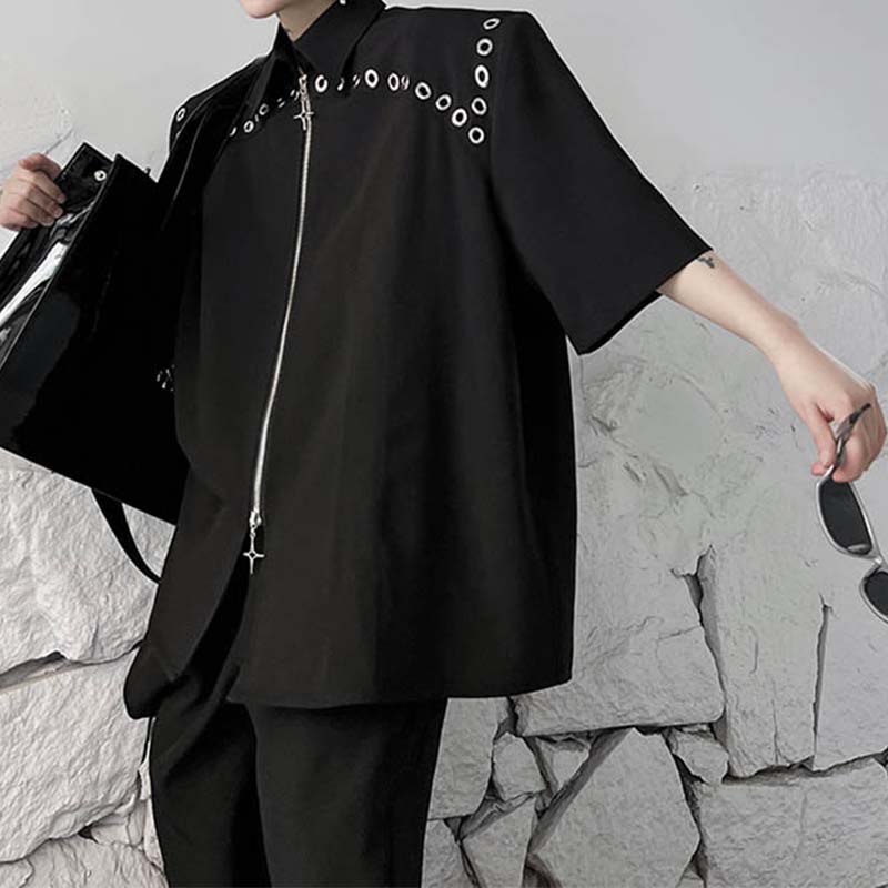 Double Zipper Shoulder Pads Short Sleeve Shirt