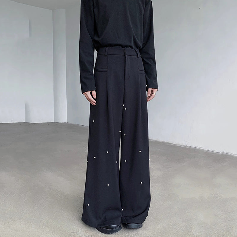 Pearl Rivets Wide-Leg Straight Pants