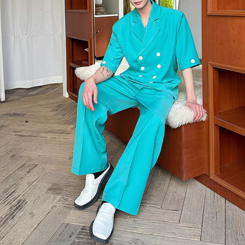 Double-breasted Three-quarter Sleeve Straight-leg Trousers Two-piece Suit