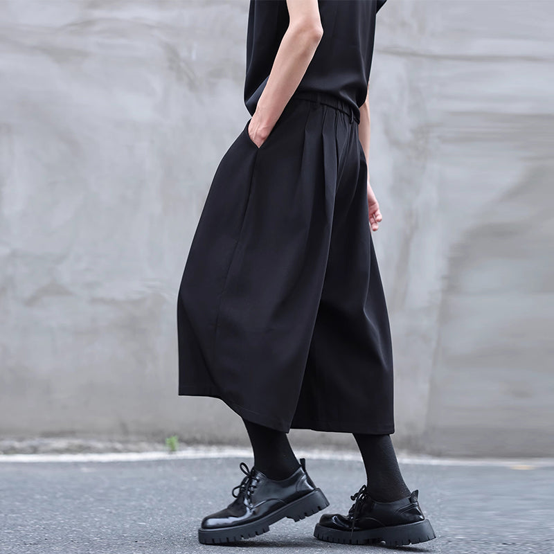 Drawstring Elastic Waist Pleated Solid Culottes