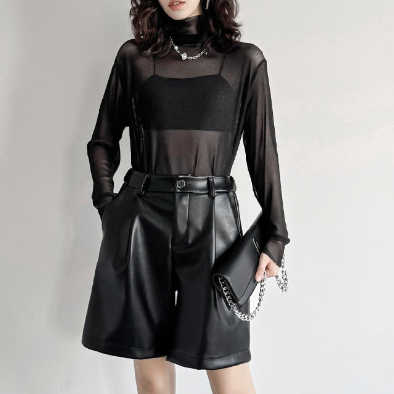 PU Leather Pants Elastic Waist Loose Straight Wide Leg Shorts