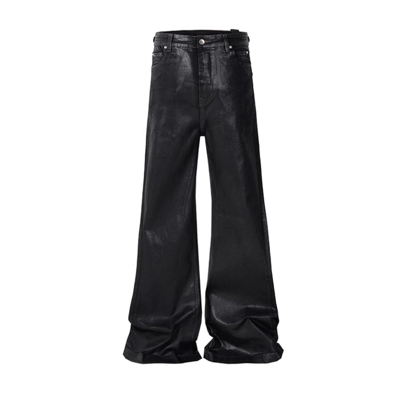 Dark Waxed Coated Ribbon Slightly Flared Mopping Stacked Denim Trousers