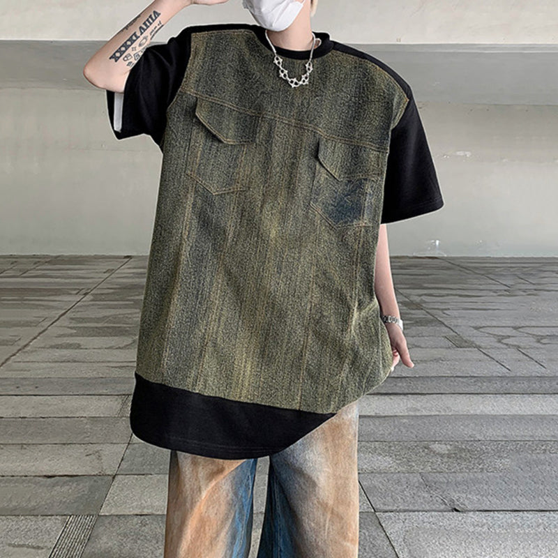 Denim Patchwork Shoulder Pad T-shirt