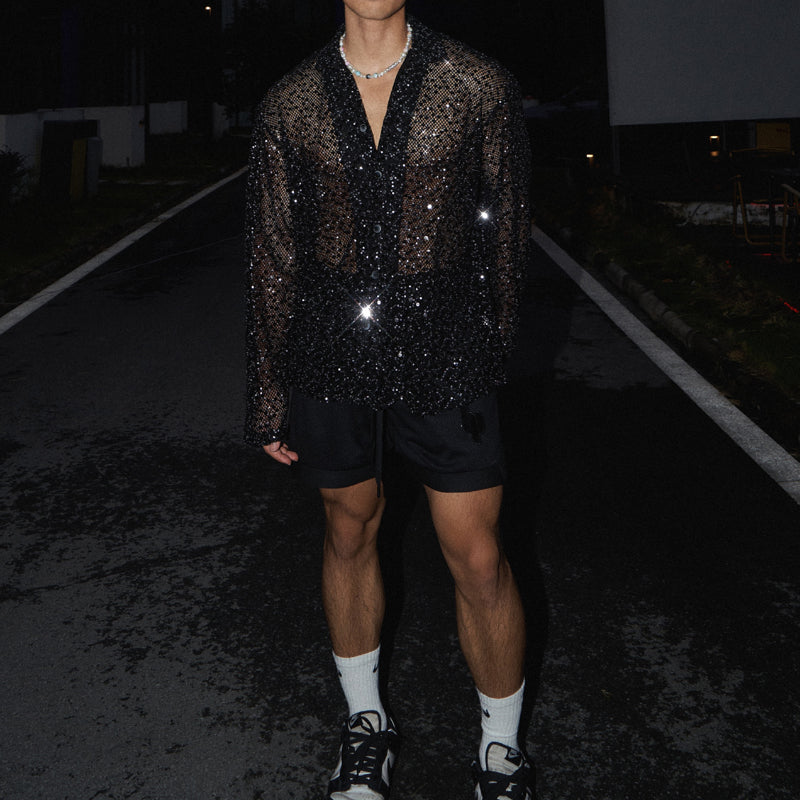 Shiny Silver Sequined Hollow Long Sleeve Shirt