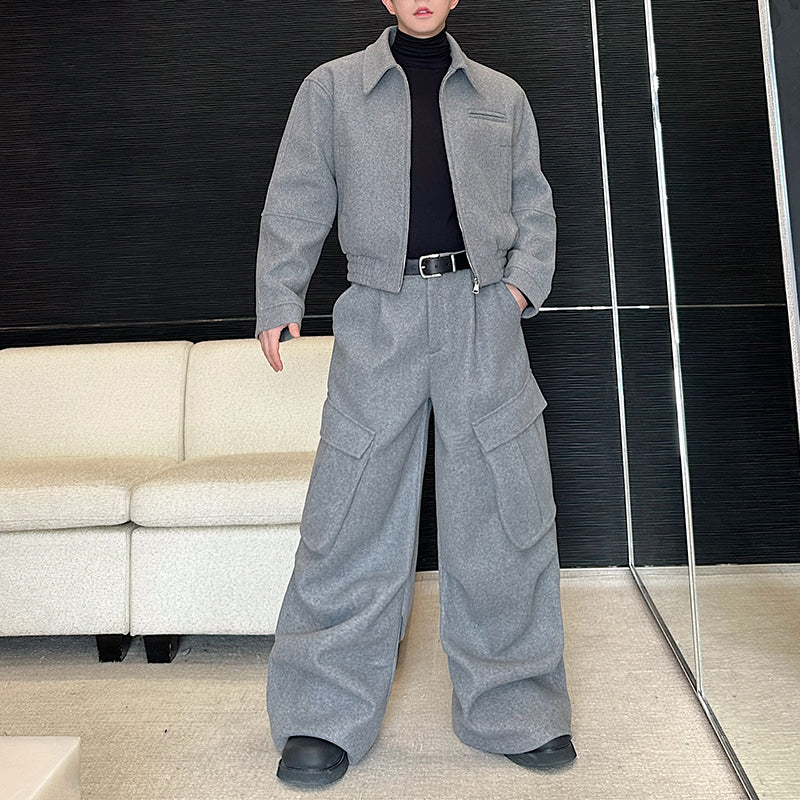 Woolen Warm Jacket Wide-leg Loose Trousers Two-piece Set