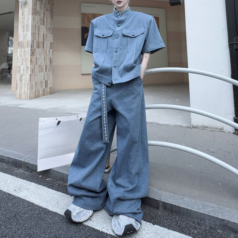 Stand Collar Beaded Denim Shoulder Pad Short Sleeve Wide Leg Trousers Two Piece Set