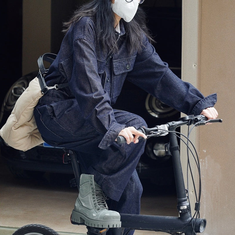 Denim Workwear Loose Lace-up Jumpsuit