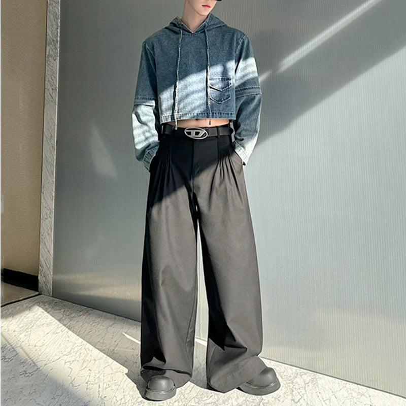 Denim Short Pullover Hooded Sweatshirt with Detachable Sleeves