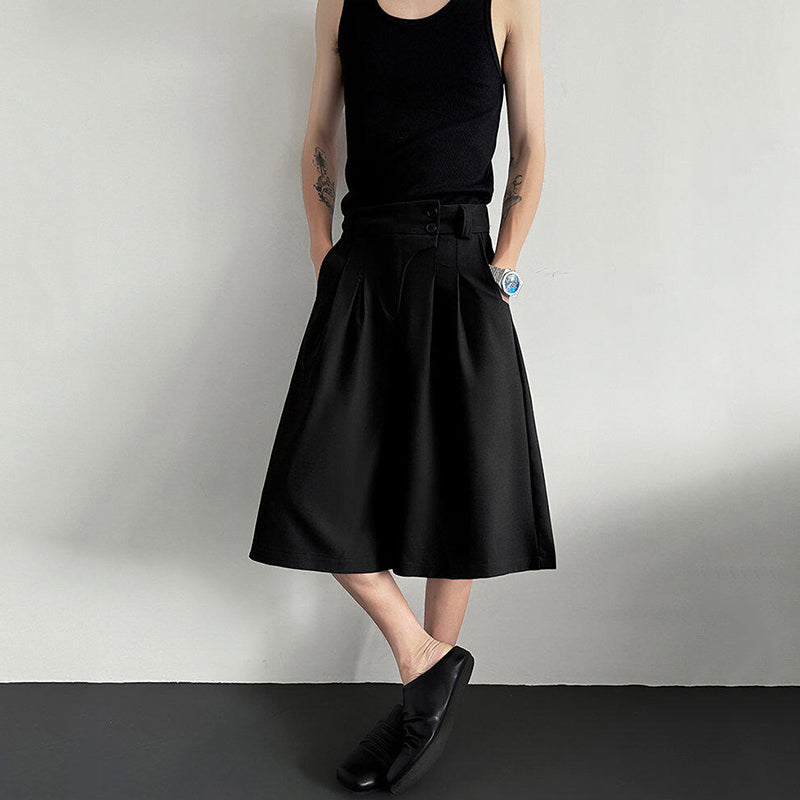 Button-embellished Draped Wide-leg Casual Suit Shorts