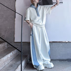 American Casual Contrast Color Stitching Hooded Sweatshirt Wide Leg Trousers Two-piece Set