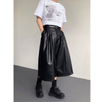 PU Leather Pleated Loose Wide-leg Cropped Trousers